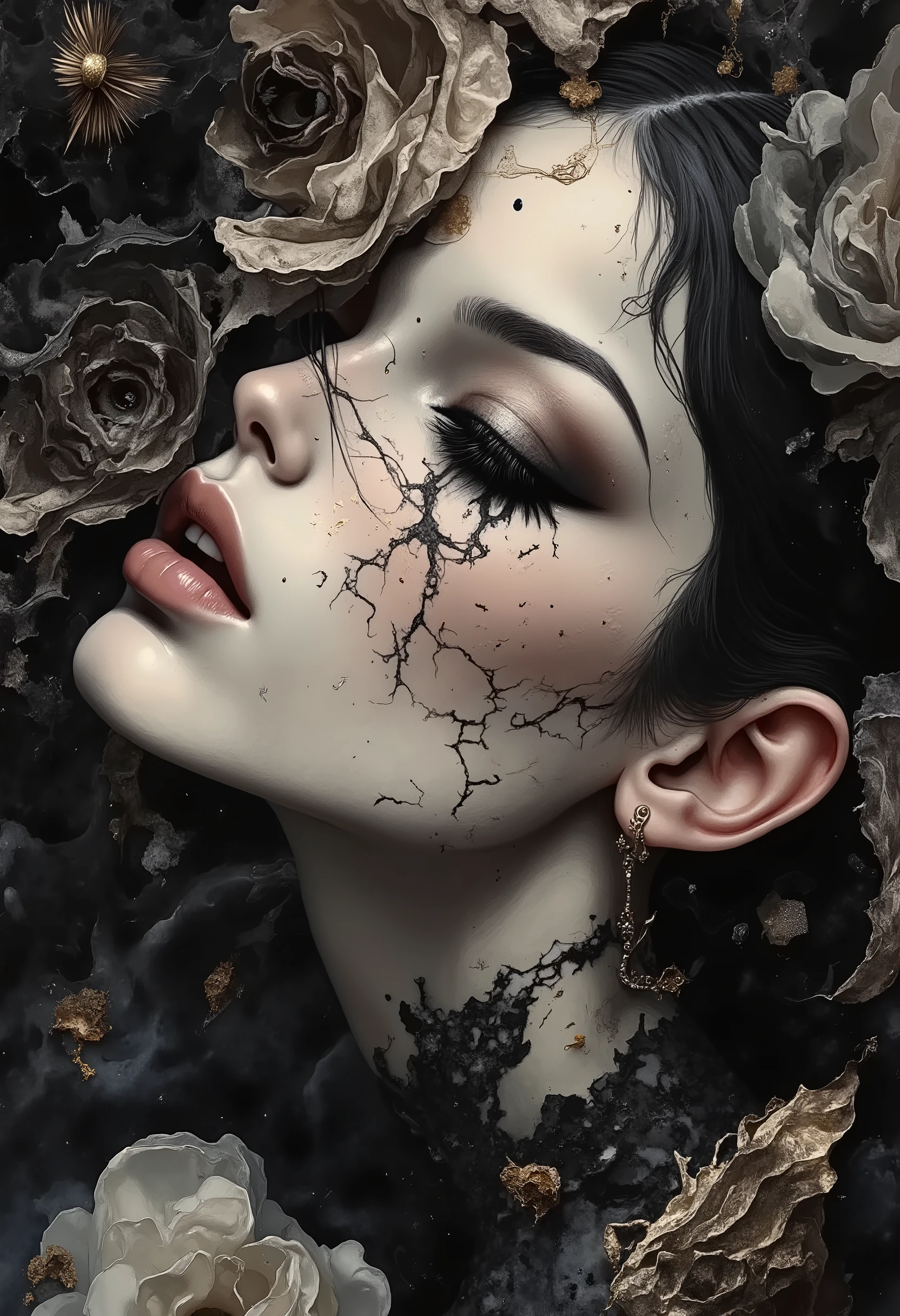 hyperrealistic porcelain texture, dramatic black eyeshadow, dark surreal aesthetic, gothic dreamlike atmosphere, smooth skin, artistic haunting style.
The textures are finely detailed, from the smoothness of her skin to the softness of her hair, The artwork combines elements of fantasy and gothic styles, with a focus on intricate details and a sense of depth and movement. Inspired by Milo Manara