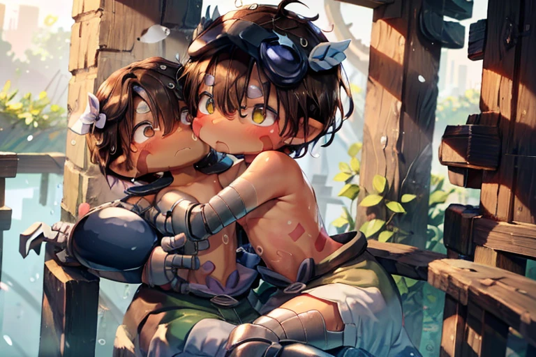 blue body, shota, libido boy, detailed blue kobold scales. style image of a 16 year old boy being fucked in the ass by another 16 year old boy lying on the river, regu (made in abyss), reg, regu, regu (made in abyss) and a blue anthro male shota kobold, young boy, mechanical arms, brown hair, red cape, a boy leaning his back against a tree while his erect penis stands upwards, back against tree, rock hard penis standing upwards, two boys, two males, blue anthro male shota kobold, kissing, kiss, lips on lips, deep kiss, mouth on mouth, faces touching, mouths touching, (blue body), blue kobold scales, from front position, fuck from front, missionary position, penet, yaoi, gay, anal, anal penetration, anal sex, penetrating butt, cumshot, cum, shooting cum, cum on stomach, cum running down chest, making love, penetration, uploaded to e621, erect, erection, long and thick genitalia, visible penis, large penis, young male blue anthro kobold, shota, shota boy, shaved head, necklace, wristband, earring, tattoo, (Libido boy, shota), cum out, cum, half immersed in water, below a tree, tree shade, shadows, shadowy place, shadowy, dim light, forest, deep in foliage, hiding in a bush, looking at each other, intently looking at each other, blushing, sobbing, drooling, shota, cub, moaning, moan, rough sex, hard sex, climax, ahegao, crying, excessive cum, cum everywhere, erect penis standing upwards, penis standing upwards, erect penis, penis pointing upwards