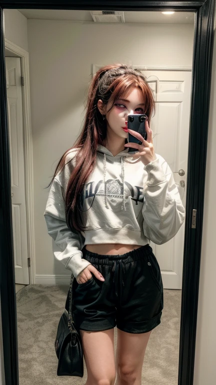21yo girl, green hair, bob hair, (wearing white oversize hoodie), (denim hot pants), natural medium breast, plump body,single sidelock hairpin blush, modern cinematic lighting, ray tracing, drop shadow wide shot UHD, textured skin, high details, best quality 4K, sit on th floor, setup face, sad, Grunge style create a photo realistic image that the viewer has never envisioned before,the image should demonstrate extreme creativity,imaginative,bold,inspiring,original in subject,original in style,amazing composition,intricately detailed,absurdly complex.