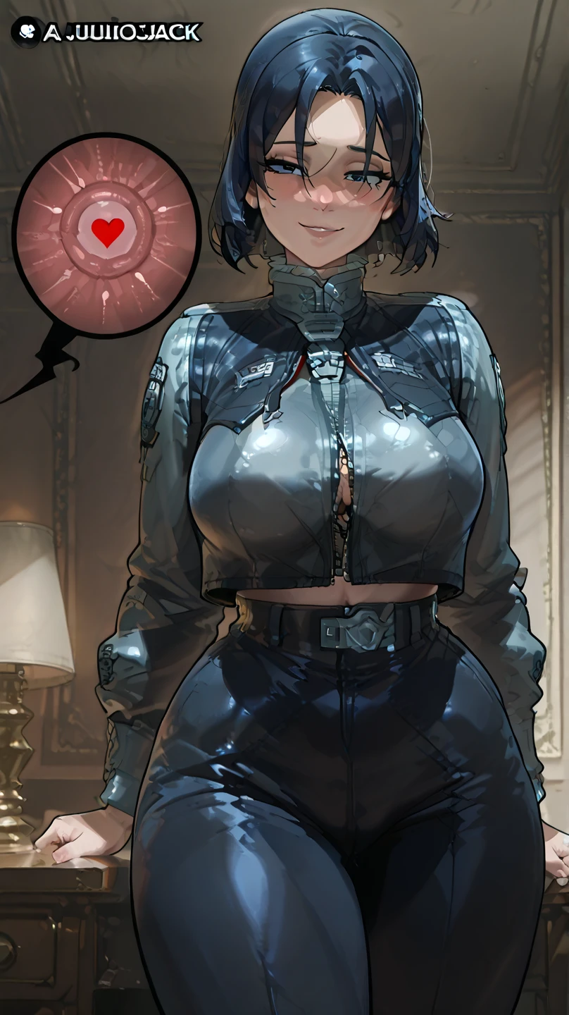 Outis,brown hair, black hair, yellow eyes, short hair, bangs, jewelry, earrings, piercing, ear piercing, dark skin, dark-skinned female,レオタード,very big breasts,ストッキング,Tシャツ,ロングスリーブ,ネクタイ
