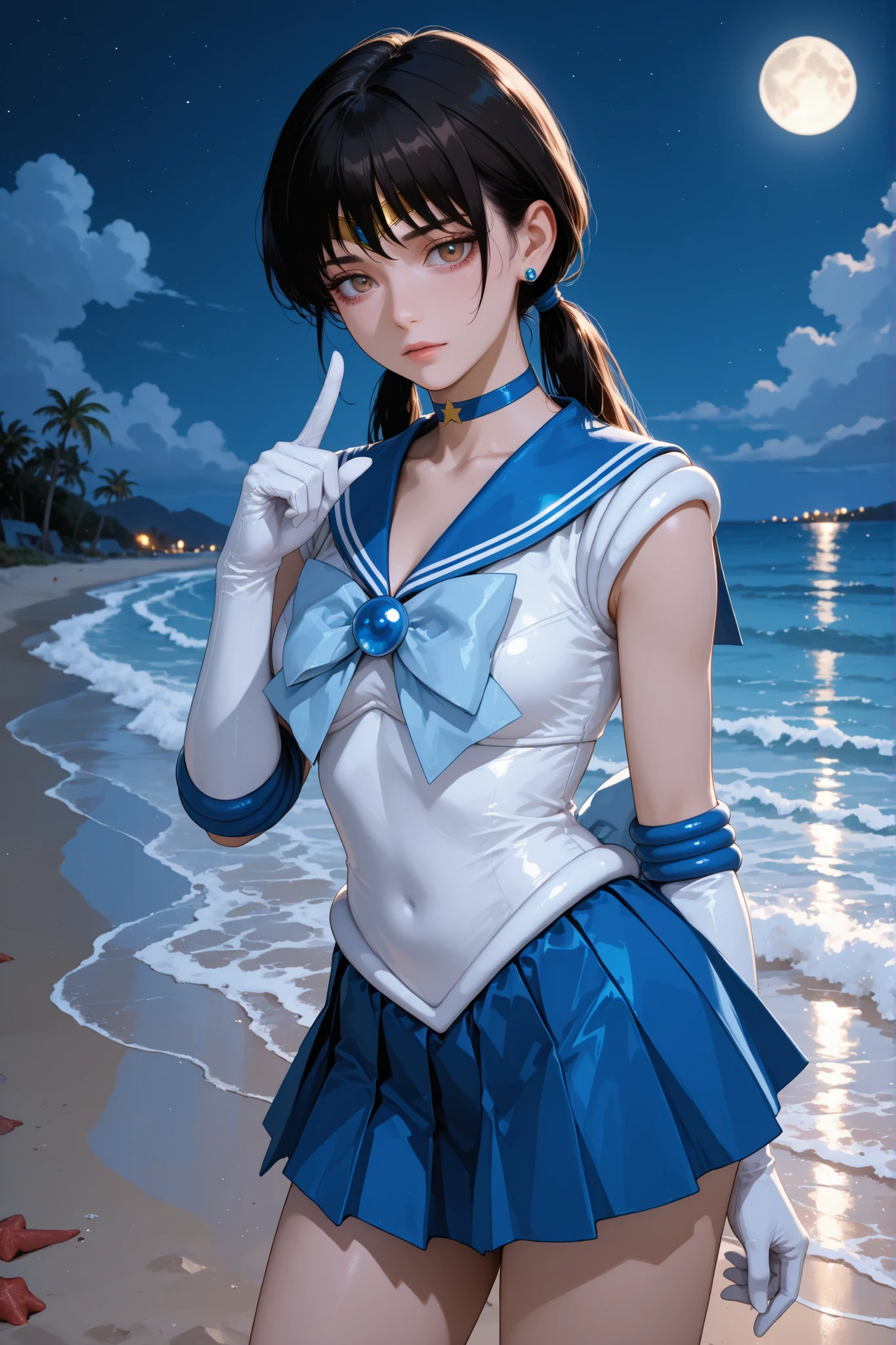 Sailor Mercury　Full limbs　complete fingers　Transformation heroine of justice　Enameled White Leotard　Enamel Blue Boots　Wrinkled boots　Enamel Blue Choker　Enamel White Gloves　Enamel Blue Mini Skirt　Neat and clean image　Gold decoration　Costumes with fancy decorations　justice　poneyTail　semi long hair　hair adornments　Crying expression　Opening Mouth　Squinting eyes　Jockey Boots　thrust out one's hip　Open your legs　laying on back　Full body painting　Put your hand on your crotch　You can see your armpits　Long boots below the knee　Raw feet　Open your crotch　bend knee　お漏らし　Yellow water flowing from the crotch　full of sweat　Leotards are wet and skin visible　Soaking in white slime　Pool full of white slime　indulge
