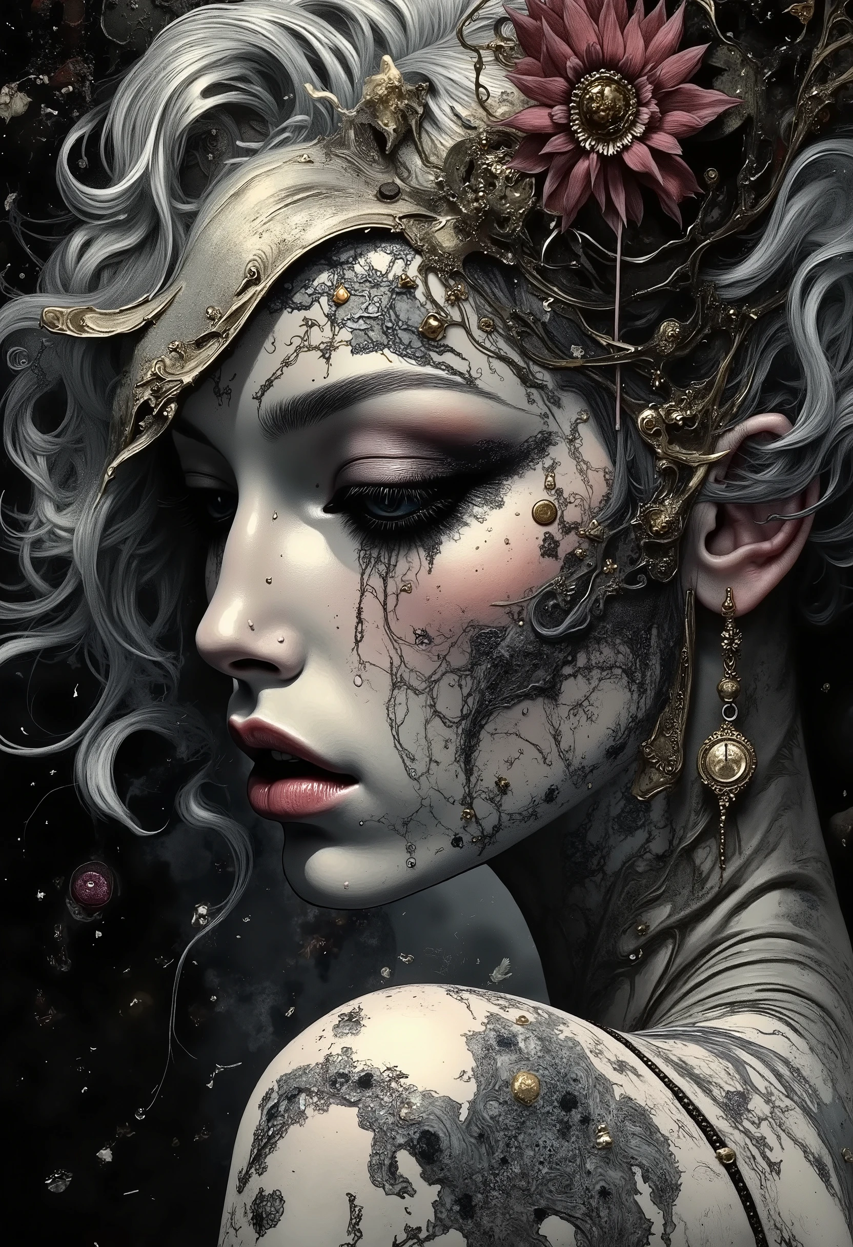 hyperrealistic porcelain texture, dramatic black eyeshadow, dark surreal aesthetic, gothic dreamlike atmosphere, smooth skin, artistic haunting style.
The textures are finely detailed, from the smoothness of her skin to the softness of her hair, The artwork combines elements of fantasy and gothic styles, with a focus on intricate details and a sense of depth and movement. Inspired by Milo Manara
