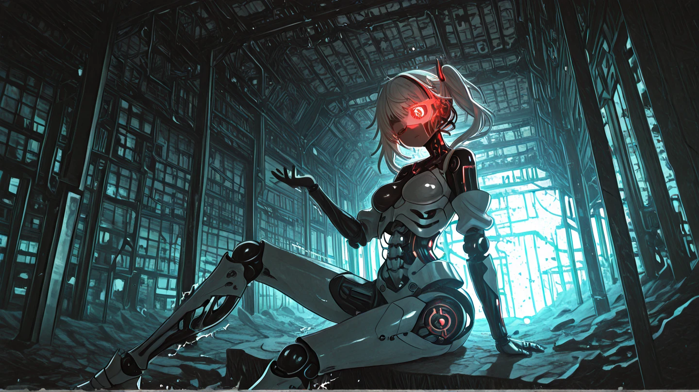 Cyborg Woman, gloweyes, mechanical body and head, wires on the head, lifeless look, Damage to the body, higly detailed, Realistic full-length photo, Color: Black and red