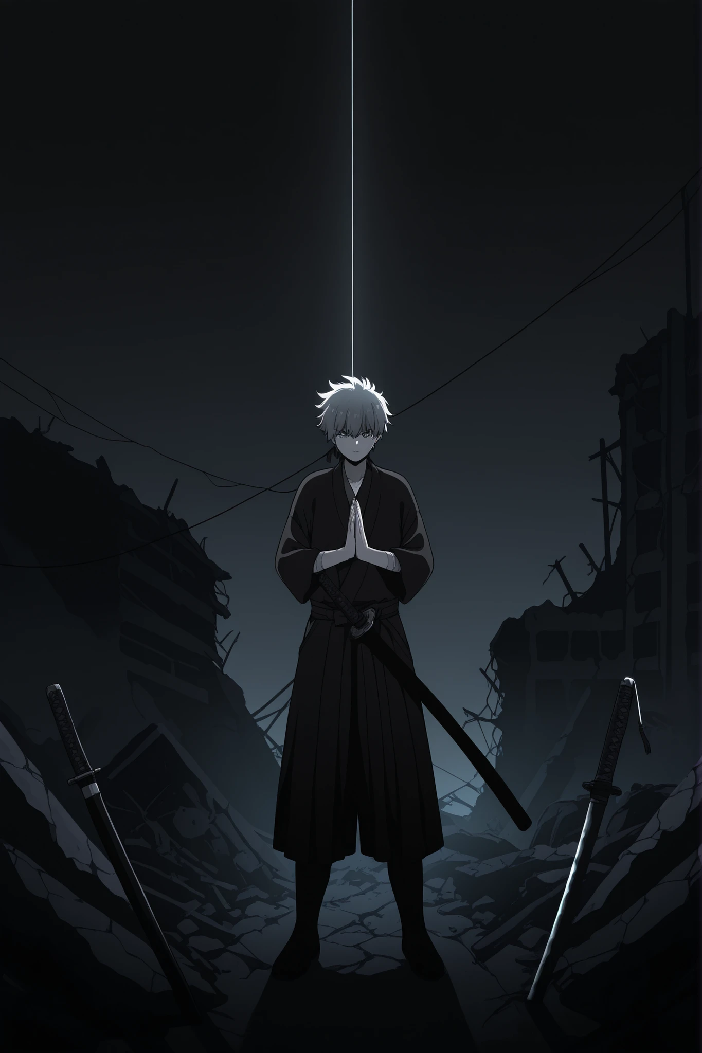 A samurai praying to a katana in ruins and a string of dynamic light on the katana (dark theme+ anime style)