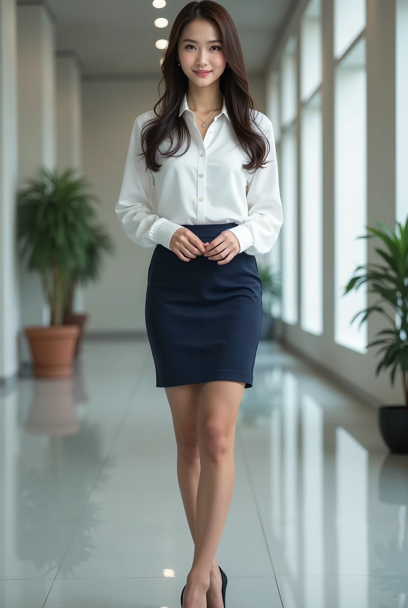 ((full body image)), ((head to toe:1.5)), is a sexy beautiful Japanese woman , 5, OL , business suit, ribbon, white blouse, dark blue mini tight skirt, Skirt Length:15 cm above the knee, (light brown pantyhose:1.5), black enamel high heels , Long Hair, textured skin, Super Detailed , high detail during meals , high quality , 最 high quality , high definition, 1080P, high definition, 4K, 8k
