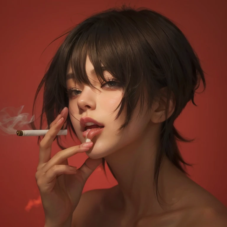 Close-up of a woman smoking a cigarette on a red background, Young woman anime visual, satoshi kon artstyle, 石田スイ アート manga, manga, satoshi kon anime, Cute girl anime visuals, Shojo manga, shoujo manga, Smoking woman, by Shinoda Toko, Dramatic smoking pose, Anime Girl Profile
