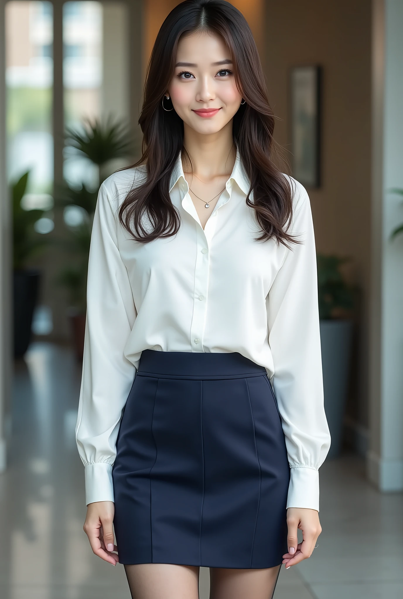 ((full body image)), ((head to toe:1.5)), is a sexy beautiful Japanese woman , 5, OL , business suit, ribbon, white blouse, dark blue mini tight skirt, Skirt Length:15 cm above the knee, (light brown pantyhose:1.5), black enamel high heels , Long Hair, textured skin, Super Detailed , high detail during meals , high quality , 最 high quality , high definition, 1080P, high definition, 4K, 8k