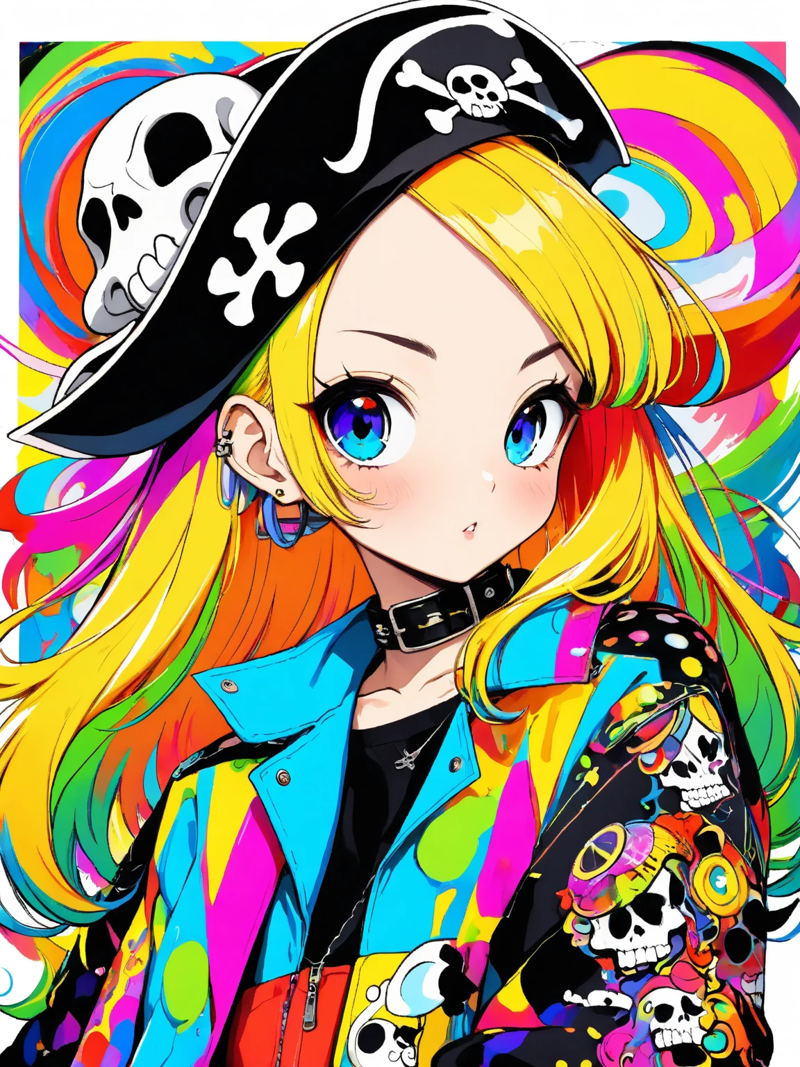 Black Star Red and White style、"cute, beautiful, Adorable girl wearing pink clothes, yellow, and baby blue color scheme. She is wearing a costume with a SKULL motif inspired by a female pirate.。.。.。.... stylish hat, Rock、Comes with decorative accessories such as hair clips. Embodying the vibrant and modern Harajuku fashion style。."
