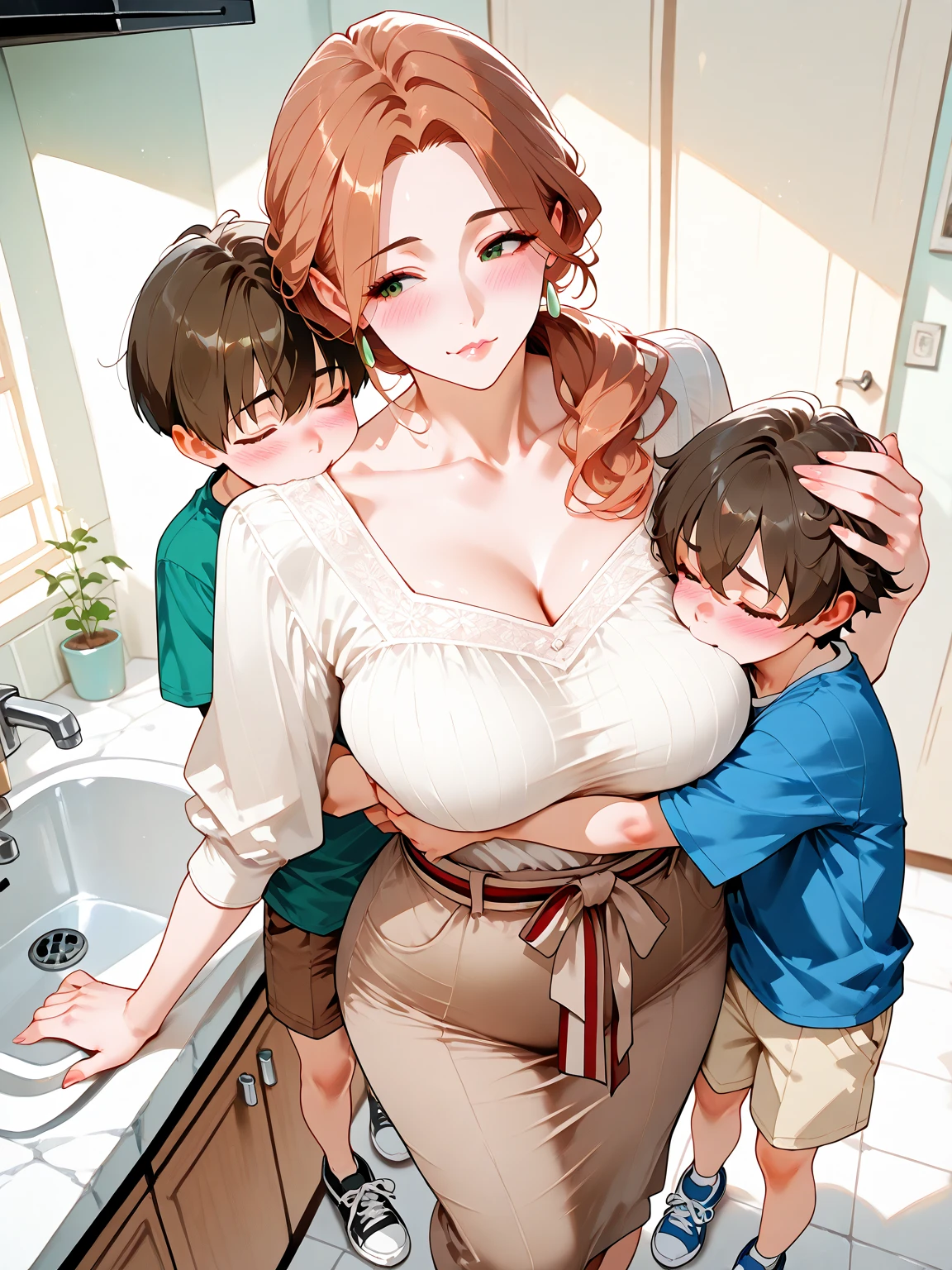 Erotic、Bedroom、Two naked people、Auntie and little boy　My aunt has big boobs　Sweat、Embarrassed expression、smile、No clothes　straightshota 　Young man sucking nipples　Auntie and her son　Young man looking at boobs　erection　penis