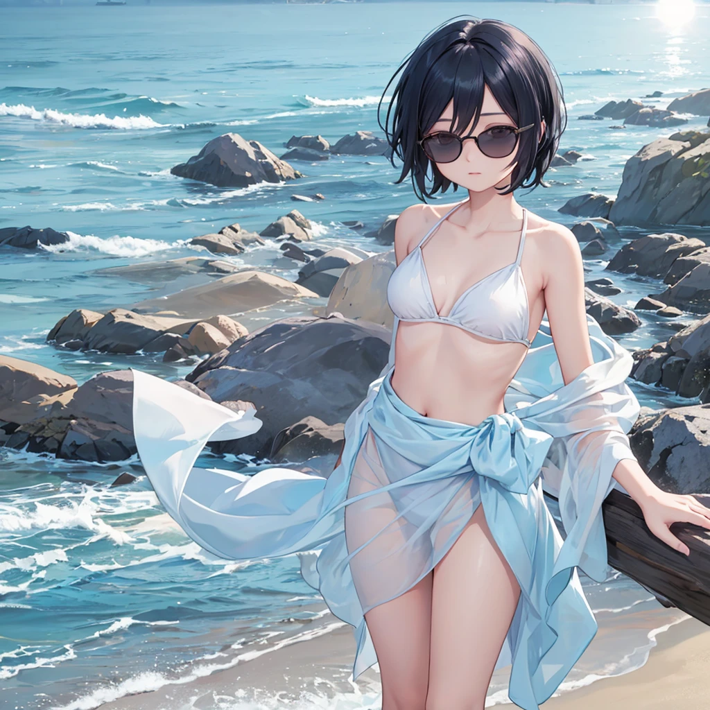 1girl in、A smile、（small tits）Chilarism、夏天、mare、sea bathing、（who has taken off her swimsuit）Artistically、art by、Beach、the wind、suns、Portrait from the knee up、