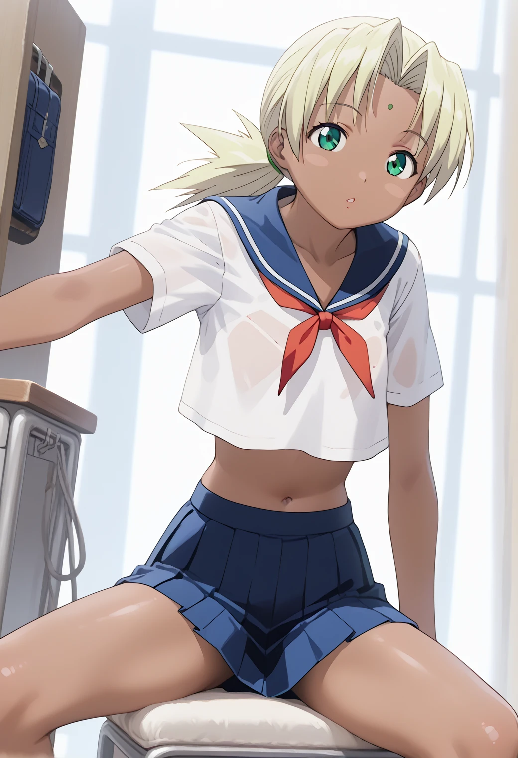 score_9, score_8_superior, score_7_superior, sauce_anime,
1girl,1boy,solo,Chaorus, Lost in the Sun, Blonde Hair, Green Eyes, Dark Skin, Woman with dark skin, Brush Sticker, ponytail,
skirt, belly button, , serafuku, abdomen, blue skirt, pleated skirt,room,Dutch Angle, Cowboy Shot,panty,(vaginal sex:1.3),