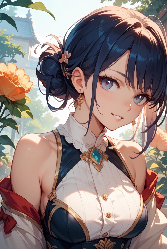 1girl, masterpiece, best quality, high saturation, sharper image, detailed, intricate detail, (jewelry:1.5), black hair, flowers, dynamic pose, jewelry, jewelry