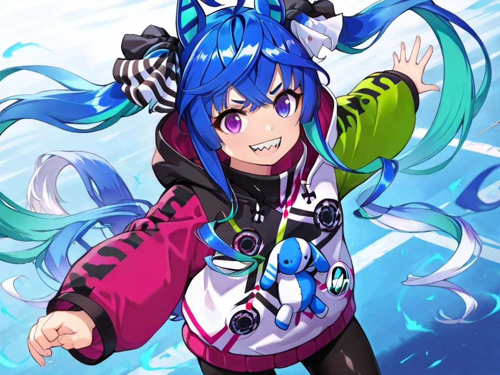 <lora:kanikama_e8:0.4> <lora:kanikamaV2_e12:0.4> kanikamaV2 <lora:Twin_Turbo_Umamusume:0.7> Twin_Turbo_Umamusume, aqua hair, twintails, heterochromia, purple eyes, blue eyes, sharp teeth, multicolored hoodie, black leggings, (nsfw)