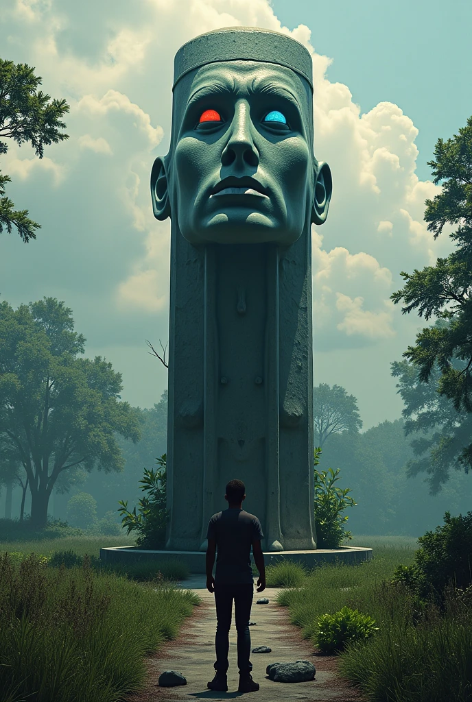 Epic image of a highly accelerated technological world with people addicted to social media and cell phone use with the presence of a stoic statue watching everything closely.
