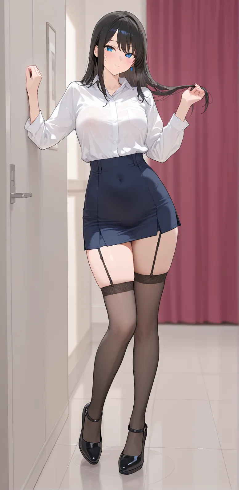anatomically correct, masterpiece, best quality, 8k, textured skin, depth of field, full body lying pose,1girl 20 years old, light  brown curly hair, blush, makeup, light smile, mahalaiuniform, white shirt short sleeves, belt, black pencil skirt, cleavage, large breasts, slender legs, Barefoot, dakimakura (medium), lying on back, Very soft bed sheet