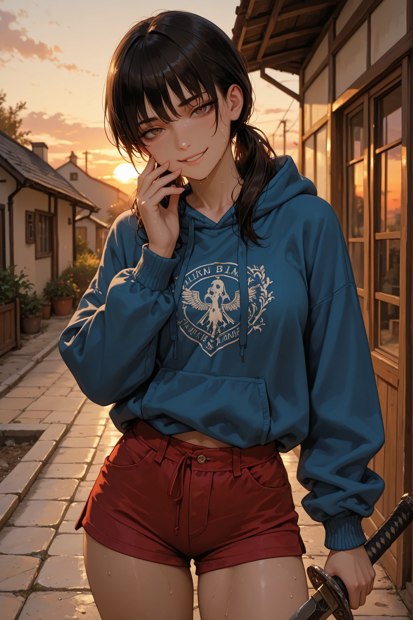 masterpiece , Best Quality , photo the cowboy , alone , 1 girl , mitaka asa , long hair , low ponytails , brown eyes , seductive look , ironic smile , sweat , portrait looking at viewer , standing , sword with black blade, holding a sword in his right hand, hand up , blue sweater , hood down , Cord , long sleeves , red shorts , attractive , standing, outdoors, front of the house, sunset, looking at viewer, naughty smile, attractive, seductive, dynamic pose, sexy, beautiful hands, ultra-detailed, very aesthetic
