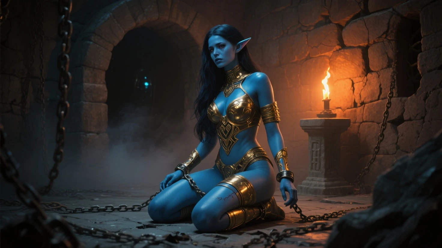 best quality, masterpiece, (photo realistic:1.4), detailed skin, intricate details BREAK full body shot, (a women sitting next to a burning fireplace:1.2), (looking at the camera:1.2), deep blue hair, cape, headdress, choker, stockings, ear rings BREAK  (skin texture) (film grain:1.3), (warm hue, warm tone:1.2), cinematic light, side lighting, ultra high res, best shadow, RAW, <lora:breastinClass:0.1> <lora:flatchest-smallbreast_v10:0.4>  <lora:LowRA:0.3> <lora:skinny_new_skin:0.2> <lora:deluster2:-0.3>