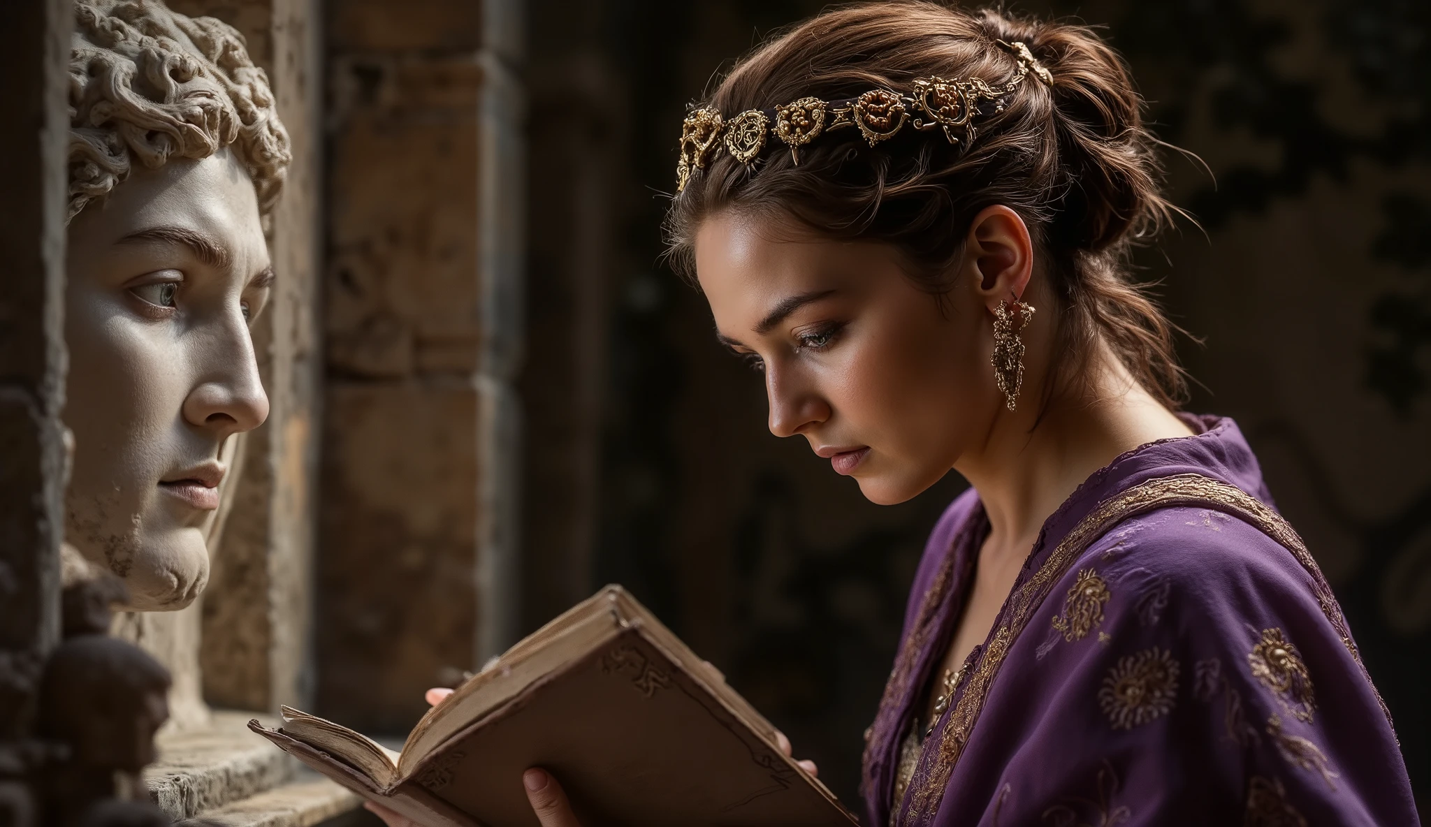 Hellenistic Macedonian princess in dramatic close-up, royal robes of purple silk with gold embroidery fluttering softly framing her classical profile. Gold tiara with Stoic symbols of the cosmos. Facial expression of serene determination and perfect emotional control. She holds a small tome with writings of Chrysippus open in her hands. Dramatic side lighting creating cinematic contrast. A small relief with the original Stoic portico of Athens partially visible. Background completely blurred. Ultra HD photo quality.
