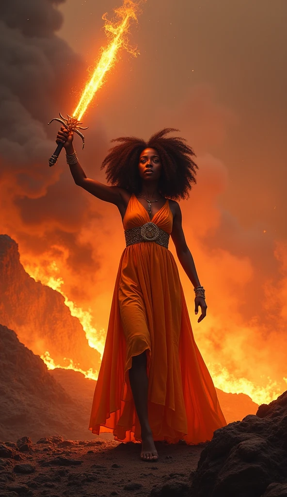 (portrait, dynamic), (expressive pose:1.6), (futuristic style), (A mystical portrait of a black Senegalese woman:1.3), (authentic anger in her eyes: 1.2), wearing dark mascara, the photograph captured in stunning 8k resolution and raw format to preserve the highest quality of details. her pure nudity complements her soft features, (naked, breasts:1.1), her torso is wrapped tightly with thin white bandages, (her eyes are portrayed with meticulous attention to detail: 1.3), The photograph is taken with a lens that emphasizes the fury in her eyes, (she is surrounded by fire particles and sparks), and the backdrop is a dark studio setting that enhances the colours of the scene. The lighting and shadows are expertly crafted to bring out the richness of her skin tone and the unsettling atmosphere. Her hair made of fire adds a touch of contrast against her skin. The interior setting adds a sense of mystery. The overall composition captures her essence with authenticity and grace, creating a portrait that celebrates her heritage and beauty. Photography utilizing the best techniques for shadow and lighting, to create a mesmerizing portrayal that transcends the visual, slightly tilted head,