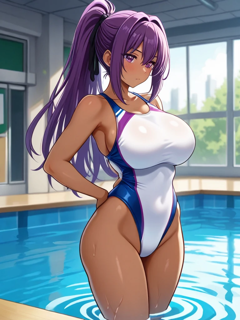 anime girl、mature girl、beautiful girl、Cool girl、middle School girls、solo、girl wearing a swimsuit、one piece swimsuit、earrings、girl with very long silver hair、clothing:High-cut swimwear、school swimwear、big breasts、woman with very large breasts、covered_nipples、Depth of bounds written、looking_at_viewer、紺色のタンクスーツを着たanime girl、Navy high leg school swimwear、high leg school swim suit、smile、rating:questionable、covered_navel、In the indoor pool、His arms are placed behind his back.、blurred background、cowboy shot、a girl is standing、collarbone、school swimwear、Japan student swimwear、purple eyed girl、mouth closed、parted bangs、girl with half up hair、breasts_apart、dutch angle、buttocks visible from thighs、Bare shoulders、bare legs、bare arms、shiny、rating:safe、Eyebrow、navel、