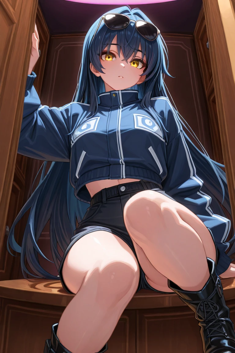 Large hoodie, oversized hoodie, skirt, tennis skirt, black clothes, black panties, hood up, long hair, straight hair, standing up, view from below, large breasts, thick thighs, stockings