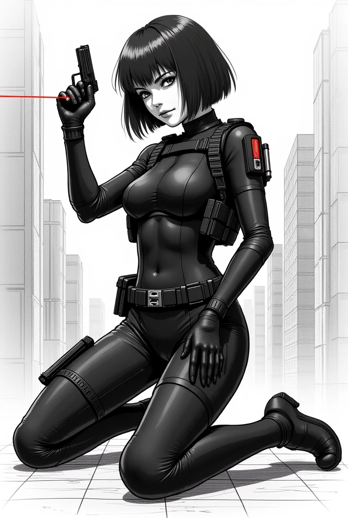 a woman with a gun in her hand, concept art by Masamune Shirow, pixiv, retrofuturism, aeon flux, style is a blend of æon flux, möbius and æon flux