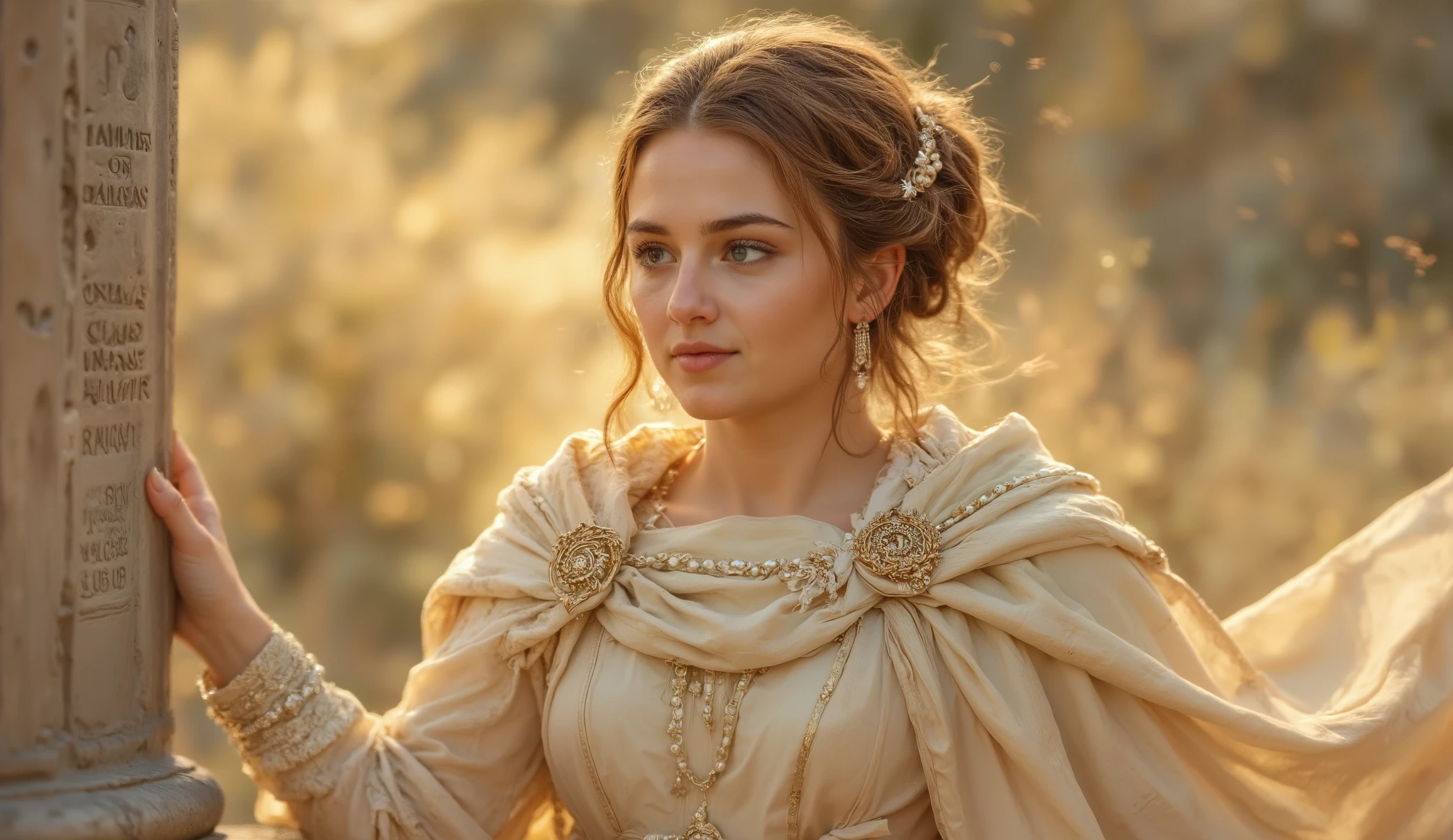 Young Roman noblewoman in graceful movement, luxurious stole and palla in overlapping layers of white and gold fluttering dramatically around her. Ring with Stoic symbol of universal reason visible on her elegantly positioned hand. Hair arranged in elaborate imperial style with strands of pearls. Facial expression of inner wisdom and serene power. Small scroll with maxims of Marcus Aurelius partially visible in her hand. A column with inscription on Stoic virtue slightly out of focus. Perfect golden lighting. Neutral background. Ultra-realistic cinematic visual quality.