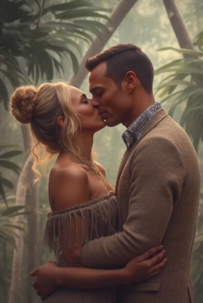 Romantic scene of couple kissing in the park, leaning against a tree, um homem ((30 anos, pele brown, com cavanhaque, cabelo raspado)) e mulher ((americana, 25 anos, pale skin and freckles, olhos cinzas, nariz delicado, soft and delicate lips, cabelo blondie cinza longo e ondulado)), ultrarrealista HD fotorrealista altamente renderizado, luz natural do dia, Fuji Camera