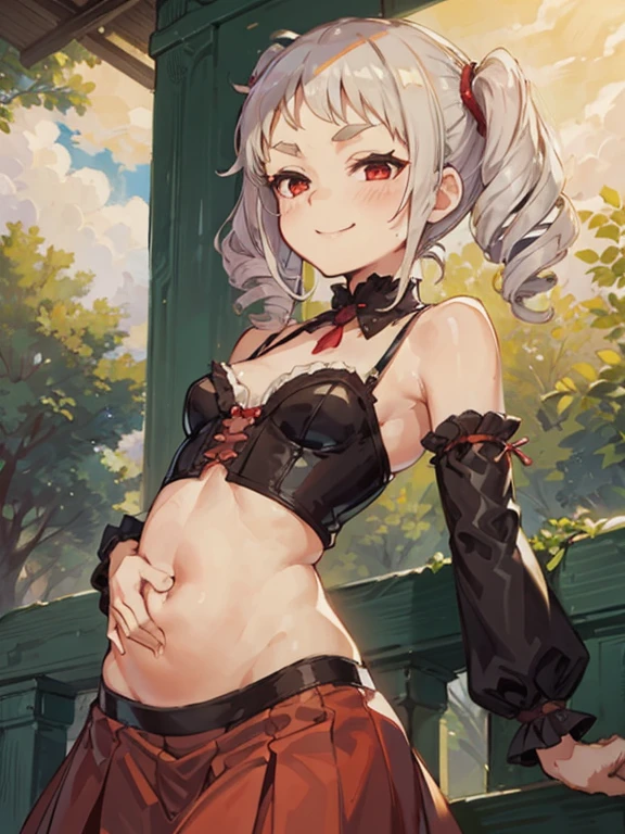 A girl with short white hair with green eyes and who is smiling and with tattoos and wearing submissive clothes