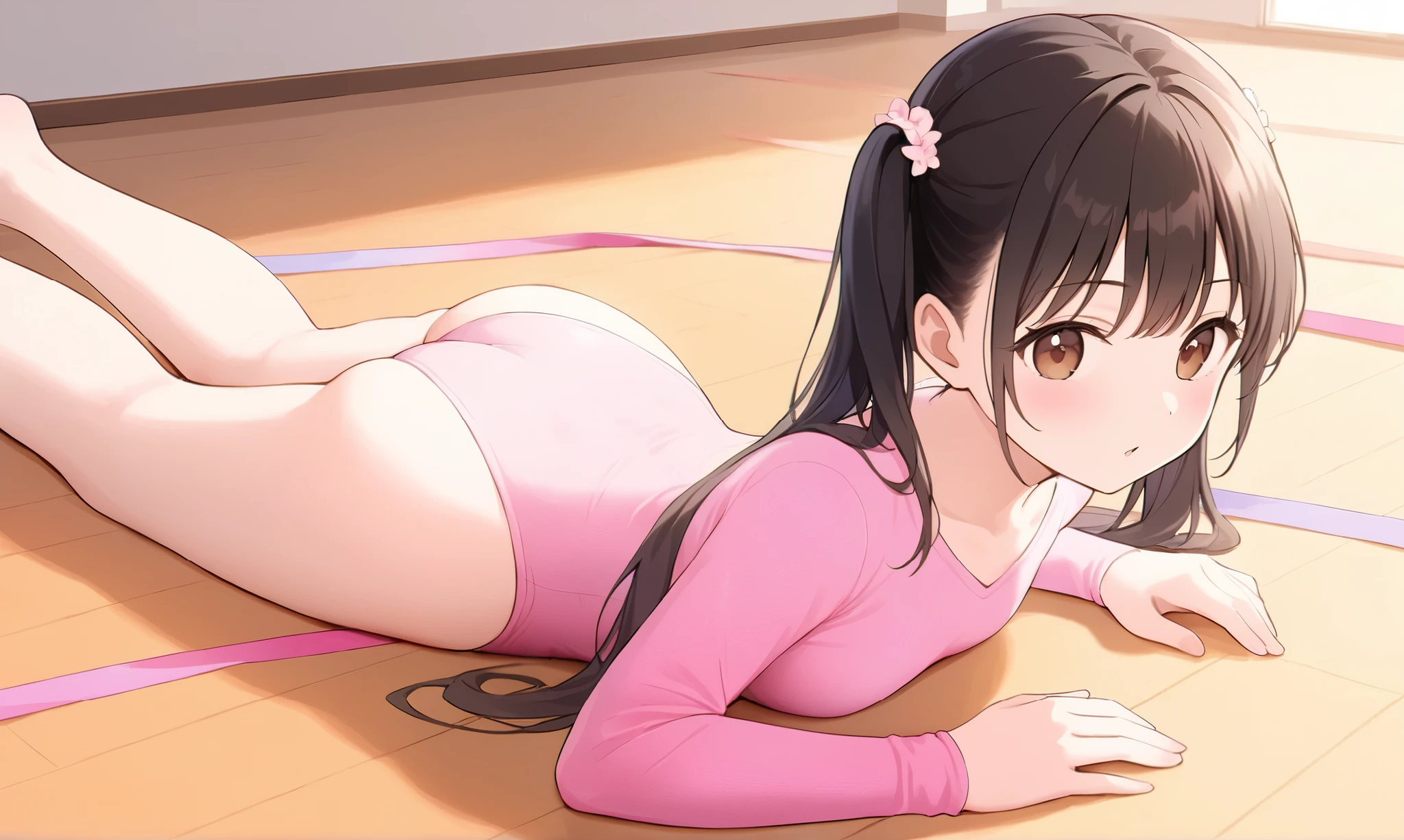 a drawing of the cute anime girl laying on her back in a pink suit, 1girl, solo, leotard, athletic leotard, blue eyes, brown hair, ponytail, pink leotard, ribbon, gymnastics, ass, lying, long hair