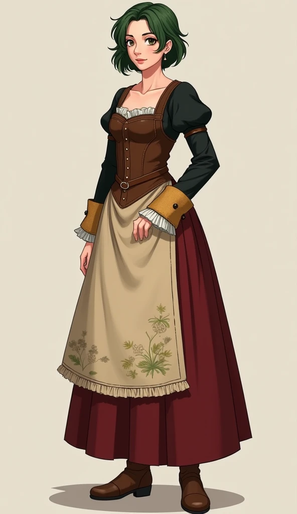 1 girl, cabelo brunete, corpo inteiro, medieval, roupas estilo vitoriano, orelhas elficas, RPG de fantasia, Halfling, black pant, blusa azul, jaqueta marrom, bolsa de couro, Escuro, sombra, lo gothic, hairy feet