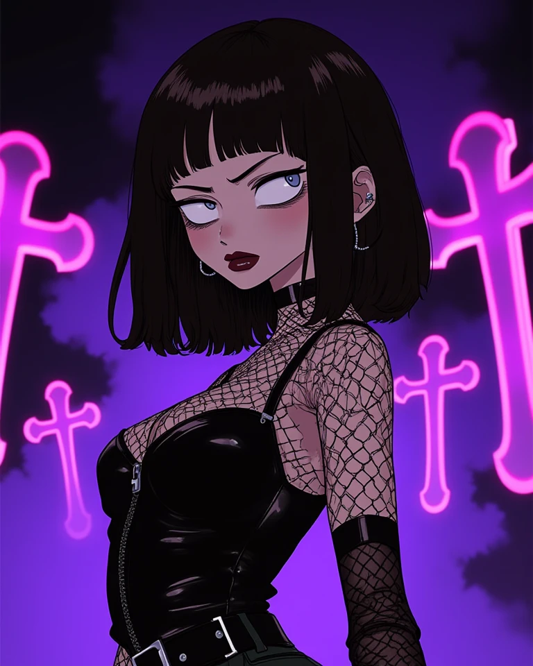 score_9, score_8_up, score_7_up, pinup girl pose, a sexy girl in a goth outfit, (silver ankh necklace), dancing, smiling eyes, mouth open, cleavage, (((fishnet shirt))), ((fishnet sleeves)), black lace bra, black lace skirt, close on face, short black glam hair, egyptian eyeliner, eye of horus, (very pale skin), (((white skin))), pale colors, goth decorations, small breasts, perfect face, thin waist, heart-shaped ass, black themed clothes, mischievous look on face, semi realistic, fantastical, looking at viewer, (black hair), gray eyes, face mark, fishnet stockings, combat boots, black bracelets, full body, from above, focus on face,
score_9,score_8_up,score_7_up,very aesthetic ,(masterpiece:1.4), (best quality), (colorful), (detailed) dramatic angle, unique perspective, unique angle, comic book angle and perspective, (((nighttime))), summer night, candle light, D_endless, indoors, at night, in a crypt, stained glass window