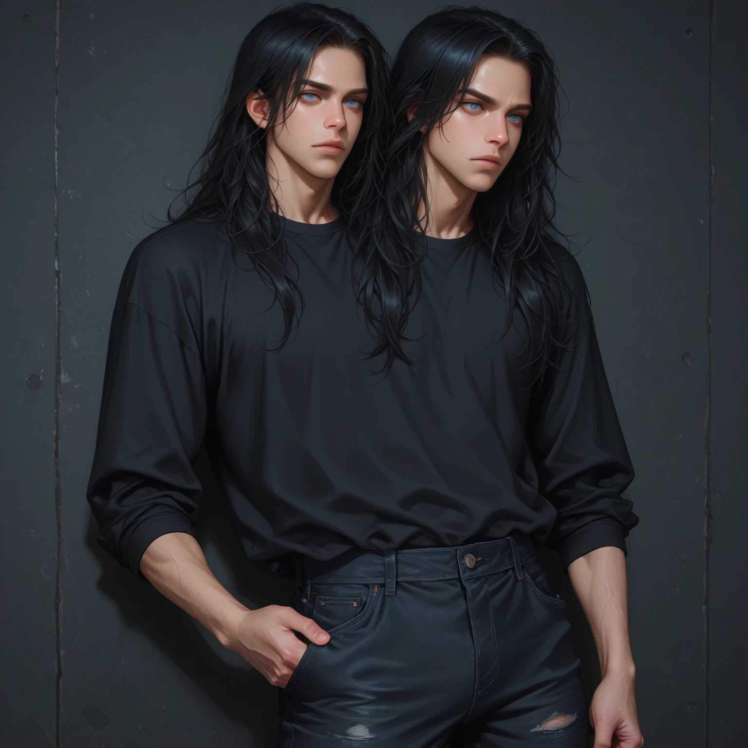 young man, skinny, pale, a lot of freckles, green eyes, dark clothes, long black hair