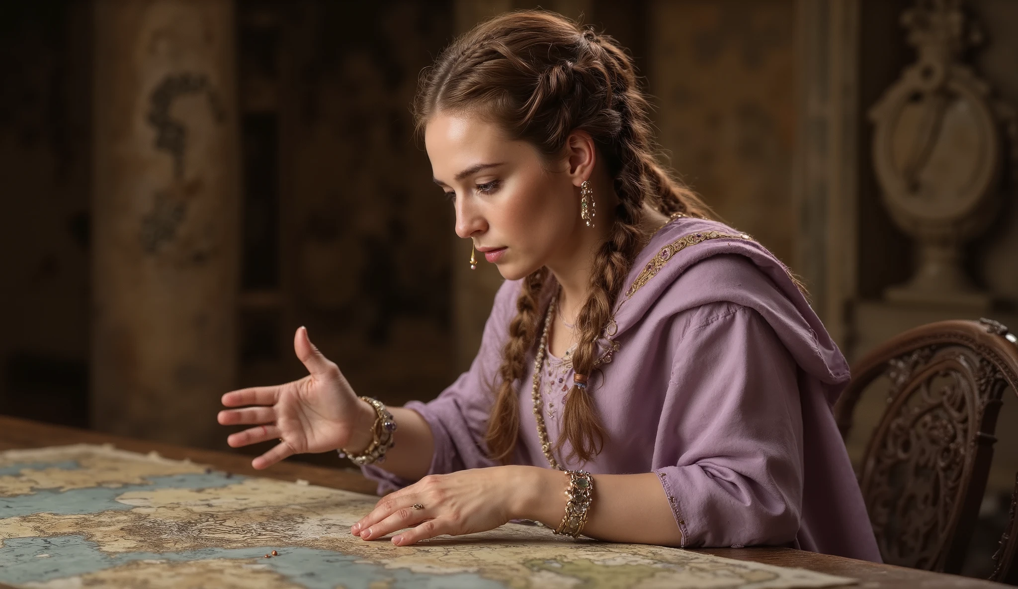 A Roman diplomat during an important negotiation, wearing a lilac silk stole with gold thread embroidery around the edges and amethyst and pearl jewelry. She stands before a table with maps, one hand gesturing subtly while her gaze conveys determination and intelligence. Her brown hair is arranged in a sophisticated style with intertwined braids. Her body posture is open but firm, leaning slightly forward with focused interest. Her facial expression is composed, with eyebrows arched in a silent question more persuasive than any words. Dramatic lighting highlights the precise movement of her hands and the intentional communication of her gaze. Ultra-realistic 8k cinematic visual quality