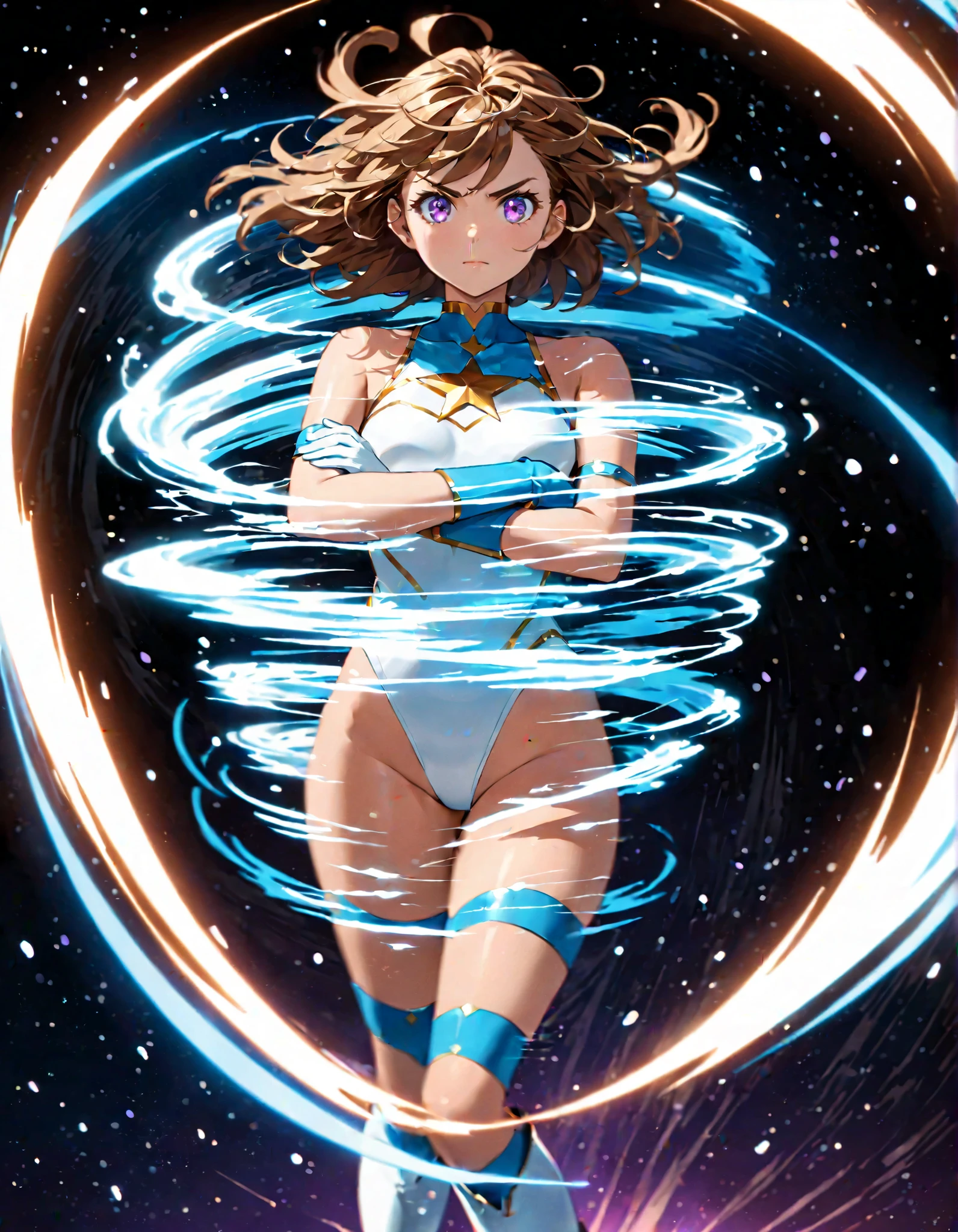 (masterpiece), (best quality), (hires), finger proportions coordination, 1girl, solo, solo focus, you watanabe, brown hair, blue eyes, blue competition swimsuit, bare legs, blue boots, ankle boots, smile, looking at viewer, (fast spin, standing while whirling, dynamic whirl pose, spins fast in place like a tornado, whirls fast in place like a tornado, tornado whirling, spiral lines around her, speed lines around her, spinning energy pulse around her, storm winds around her, whirls into a tornado, (she whirls) at (super speeds)). full body costume design. curved sword slash. she super-spins, whirlwind, light particles. time warp.