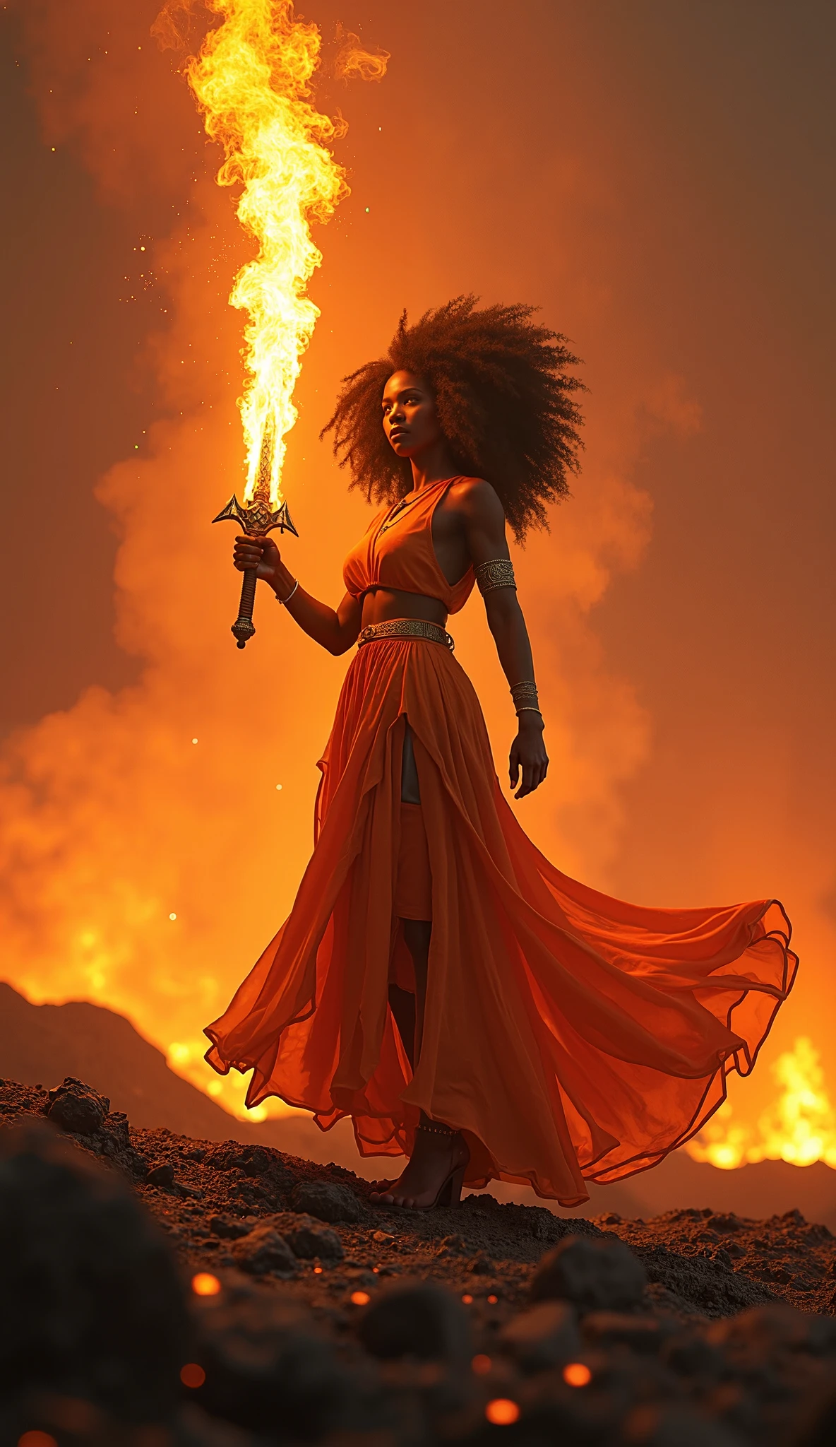 Black woman Orisha, warrioress, curly hair,  in the middle of a volcano, orange dress, with a flaming sword raised in his hand, cleavage, thigh, short skirt, sexy