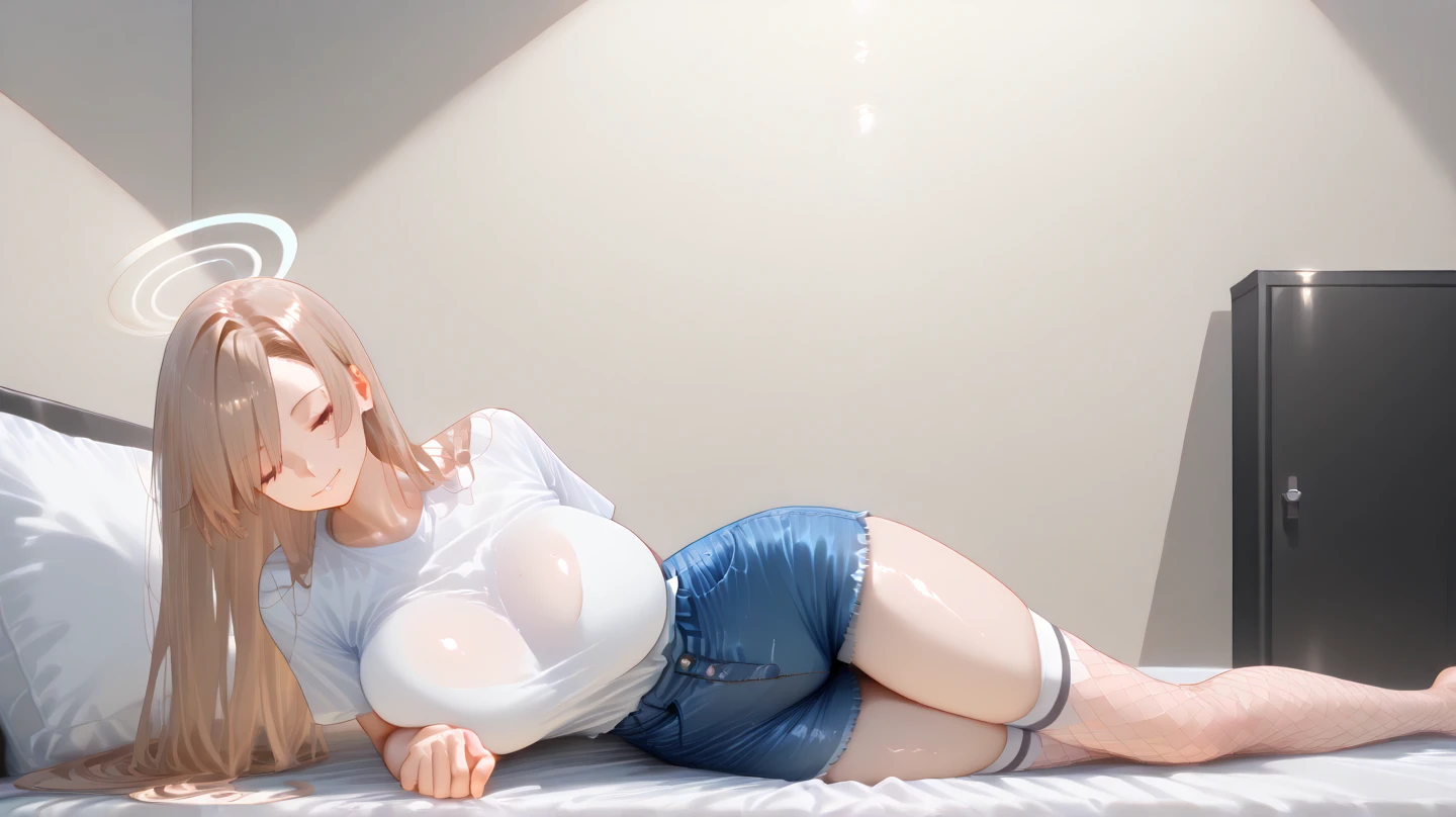 locker room, track suit, (Thin type:1.5),(large breasts:1.5), cleavage, (random hairstyle), (Highest image quality, (8K), Ultra-realistic, ((Realistic skin texture, Beautiful white skin)), Best Quality, High quality, High Definition, high quality texture, high detailing, Beautiful detailed, fine detailed, extremely details CG, Detailed texture, realistic representation of face, masterpiece, presence), cute face, Manager Girl, ruanyi0533,blue pants,collared shirt,short sleeves,striped,sneakers,white shirt, v-neck shirt, Sitting on a bench, Pose for the camera, sexly, cowboy shot,