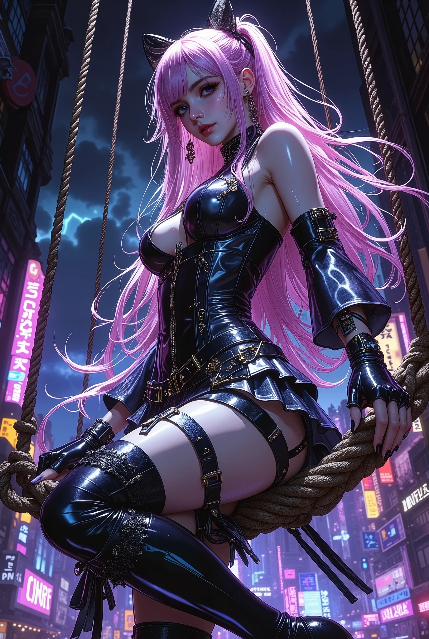 ((1 girl, long and messy pink hair, blue colored eyes, Woman, (((face flushed and very horny))) , various poses , (wide leather choker) muscular female, gold bracelets, ruby earrings)), fitness, ((standing alone)), (red lipgloss stick), extremely detaild, soft ambient lighting, 4K, perfects eyes, a perfect face, ((very detailed hands and arms)) (perfect lighting),View from behind ((metalhead Woman)), Punk Girl, (((piercing))) tears in the eyes ((pink micro blouse with chains and sensual neckline)), 36 years old (((well-defined medium breasts))) strapless latex micro baby doll, pretentious smile, mine Transparent black leather jacket open with points and long sleeves with the shoulders showing, open tummy, latex micro panties with chain straps marking her small pussy swollen with lust, well designed and well defined, suspender style chain belt, high qualiy, 4K, High definition, bom detalhe, ((sexy tattoo)) ((medium bust,)) extremely sexy (((medium glossy lips))) long black transparent socks (fully body) ( fiel ao prompt)