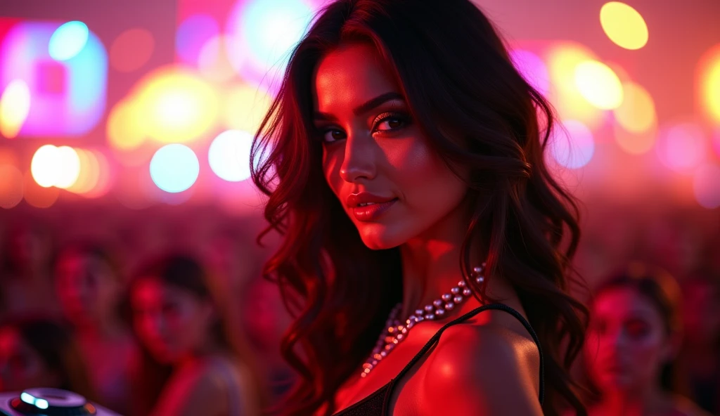 award-winning photo from the waist up, a sexy brunette woman, modelshoot style, (extremely detailed CG 8k wallpaper unit), photo of the world's most beautiful art, professional majestic (Steve McCurry photography), 8k uhd, dslr, soft lighting, high quality, film grain, Fujifilm XT3 sharp focus, f 5.6, high detail, sharp focus, dramatic, (wearing a punk t-shirt),  (looking at the viewer:1.2), (detailed students:1.3), (night light), (close-up:1.2), (seductive), (Cyberpunk environment), ((neon))