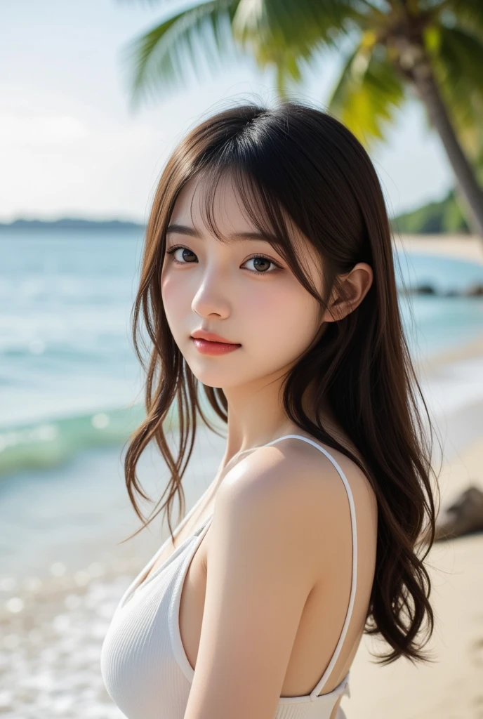 table top, highest quality, shape, Super detailed, finely, High resolution, 8k wallpaper, Perfect dynamic shape, beautiful and detailed eyes, D cup, natural color lip, random sexy pose,smile、20 year old girl、midnight、Beautiful and dense face、perfect and beautiful face,Big eyes、real photos(best image quality),Sheer off-shoulder dress (beige)、looking at camera、Please stand、Do gal makeup,blurred private beach background