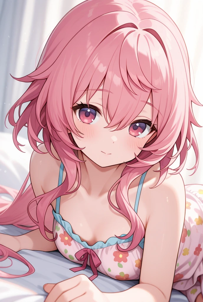 Pink curly hair short twin tails、Small breasts、Shihodo Narika、Pink Hair、No sleeve、Shoulder、Super Subaru Flash Ninja Haruka、Glossy competitive swimsuit、Dark bedroom at night、smile、Evil Female Executives、Upper body emphasis、Hands on chest、Lie down in bed