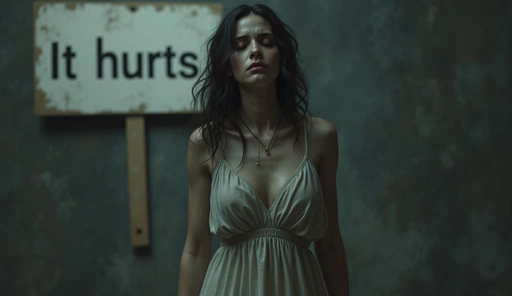 A woman with blood stains with several phrases about violence against women