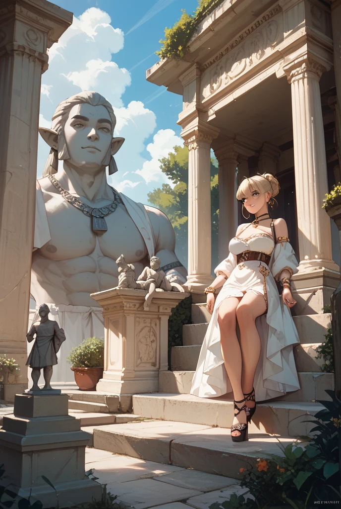 {((1 woman))}, {((wearing extremely transparent white bikini, small, short and tight on body, bare feet)), ((short blonde hair, fastened with hairpin, green eyes)), (((has extremely large breasts)), ((looking at the viewer, pose of holding her breast, devilish smile, body and clothing soaked with water)), ((in front of the temple of Poseidon, it is raining hard, wind pushing the trees, waterfalls with statues))}, ((full body):1.5), 16k,  UHD, Better quality, better resolution, better detail