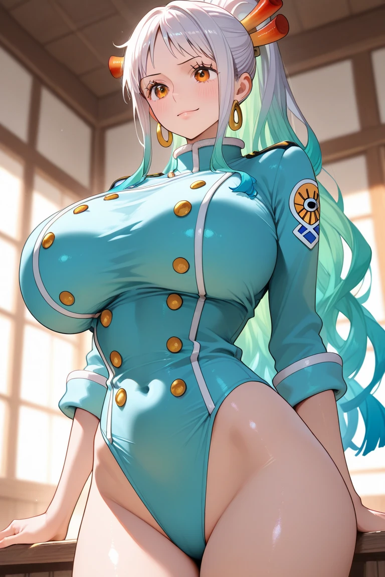 long hair aqua hair ponytail red eyes,slit pupils,big breast,firefighter's outfit, (firefighter's outfit:1.3),