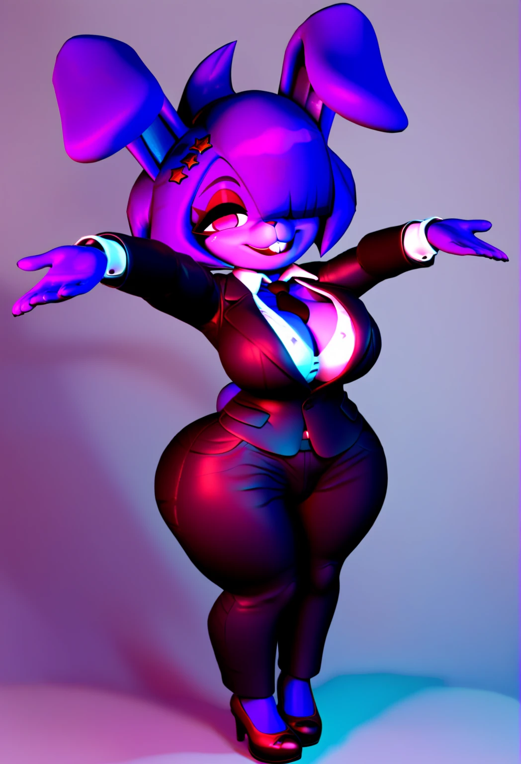 best quality:1.1, (bonfie), 1girl, solo girl, 1bunny girl, thick body, small breasts, pink eyeright, highlighted pink eyes), her eyes are the same color, blush, embarrassed face, detailed face, dress, nice body proportions, arms relaxed at your sides, school uniform with tie, red tie, anime style, student, purple skin, very detailed face, ((furry nose, rabbit nose)), thick big legs and wide hips, full body, close on body, chubby, rabbit teeth, rabbit ears, joints, above view, best quality