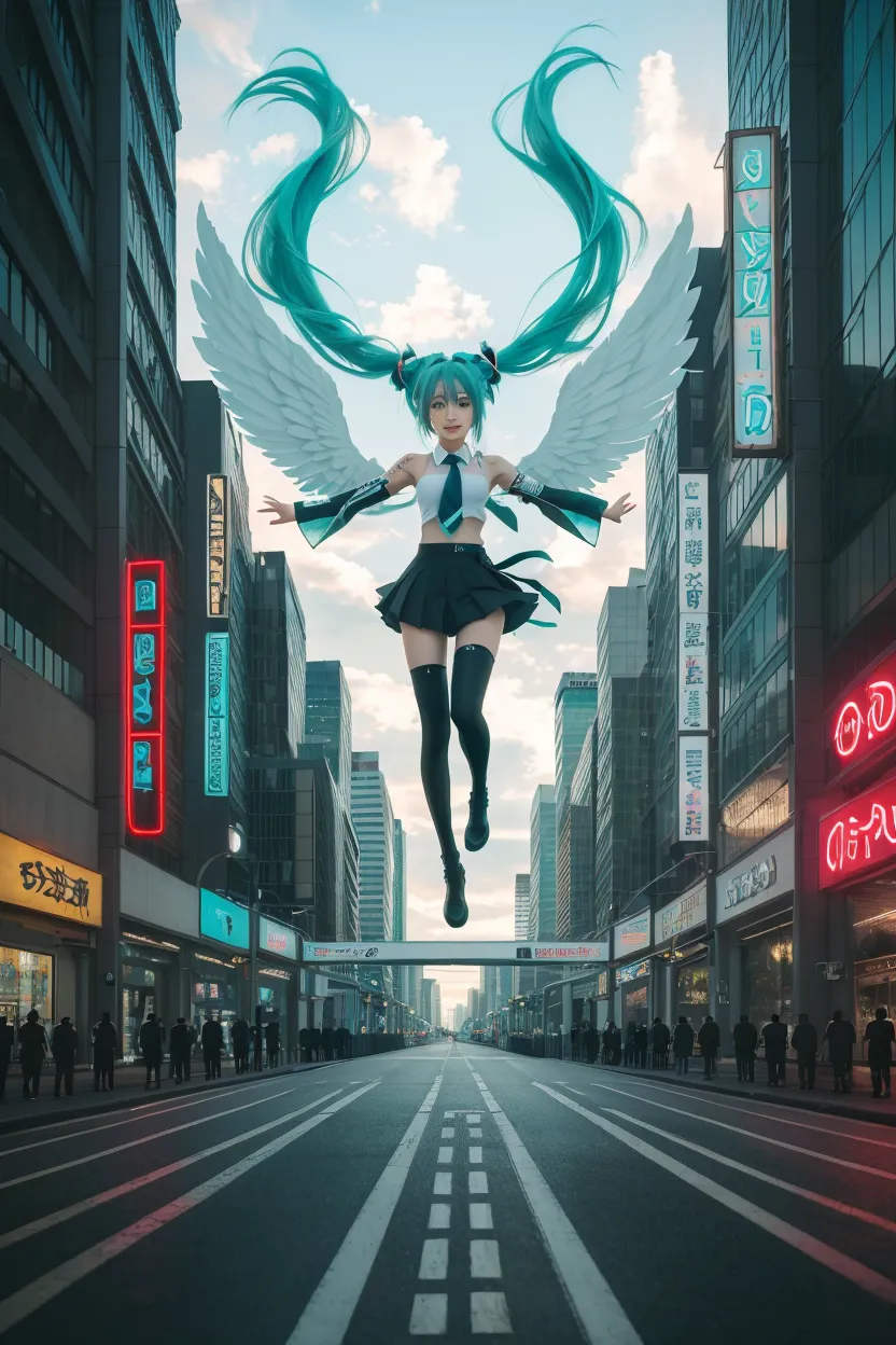 giant Hatsune Miku, crowd, street, expressionless,