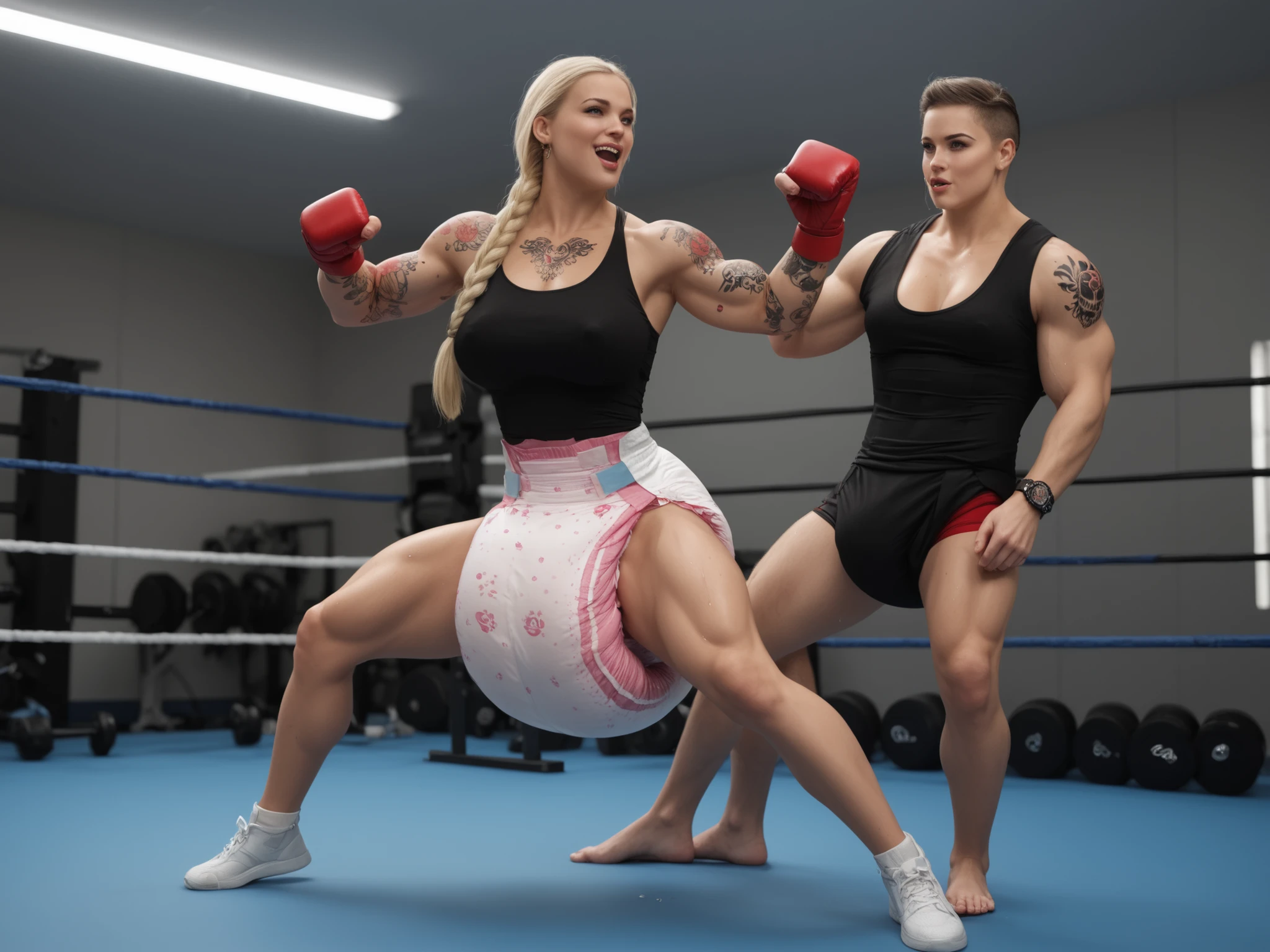  A captivating, hyper-realistic image of a powerful and determined twenty-something woman demonstrating her kickboxing skills while fighting a man who subdues her and penetrates her ass on the floor. She sports her blonde hair in a long braid, skull tattoos, large blue eyes, a low-cut black tank top that can't contain her large breasts, and is so sweaty it's transparent. She's also wearing a giant adult diaper, so exaggeratedly bulging and full of fluid that it looks ready to explode, tied around her waist with a black belt. Red gloves cover her hands. She stands next to a gigantic, muscular, tattooed man who has trapped the young woman's leg with one hand, exposing her leaking diaper, which the giant man is fucking with his gigantic penis. The background is a dimly lit gym, with various martial arts equipment scattered throughout and a chorus of people cheering the fight on. The atmosphere is intense and focused, reflecting the woman's passion for the sport.