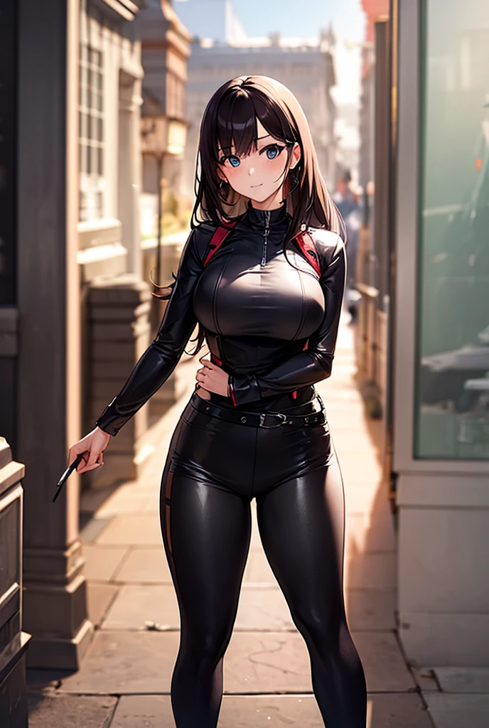 beautiful young female warrior fighter with cat ears on her head, com rosto bem detalhado e bonito, belos olhos, belos olhos, rosto lindo, beautiful young woman wearing long black leggings with black details, mini saia curta, usando jaqueta de couro preta, standing in a castle, usando bota preta, cabelo comprido com franja preto, ,orelhas de gato, belo sorriso, tomboy, um pouco musculosa,suter branco com cinta em volta, olhar serio,usando jaqueta de couro preto, com ombreiras de prata nos ombros, leather jacket