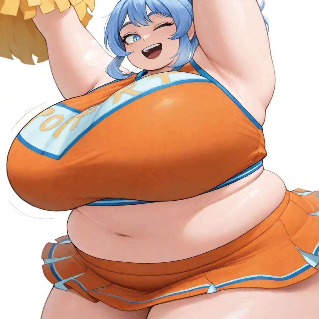score_9, score_8_up, score_7_up, source_anime, BREAK, (((yew))), , 1girl, solo, chubby, cheerleader, cheerleading uniform, large breasts, cleavage, thicc