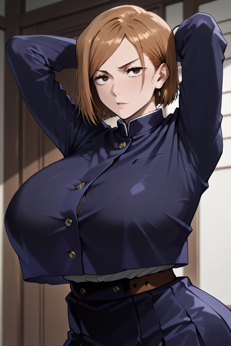 (masterpiece), (best quality), (ultra-detailed), (best illustration), (best shadow), (absurdres), nobarakugisakinova, short hair, orange hair, ((brown eyes)), kugisaki nobara, , 1girl, solo, bangs, gakuran, closed mouth, long sleeves, (view from below), upper body, (large ), ((blushing)), Hourglass body, thin waist, very thin waist, angry, front view, ((busty))rtlift